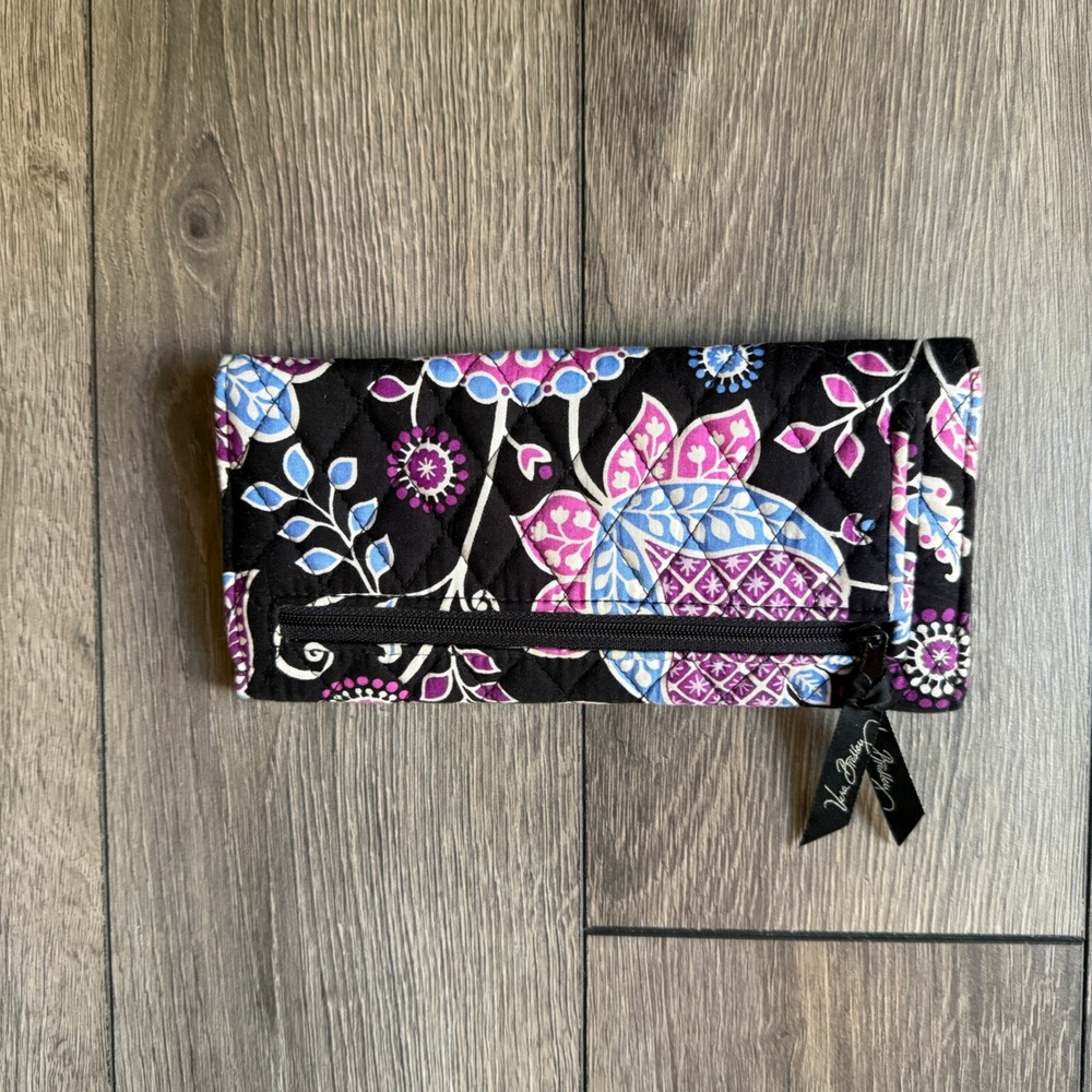 Vera Bradley Quilted Cotton Trifold Wallet Black Purple Blue‎ Floral Paisley
